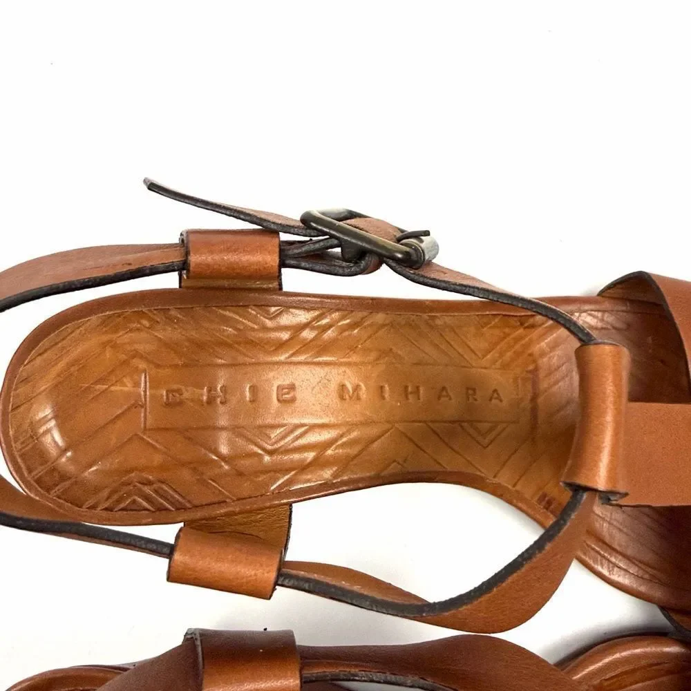 CHIE MIHARA Wedge High Heels Sandals Cognac Leather T-strap size 36,5 US 6,5